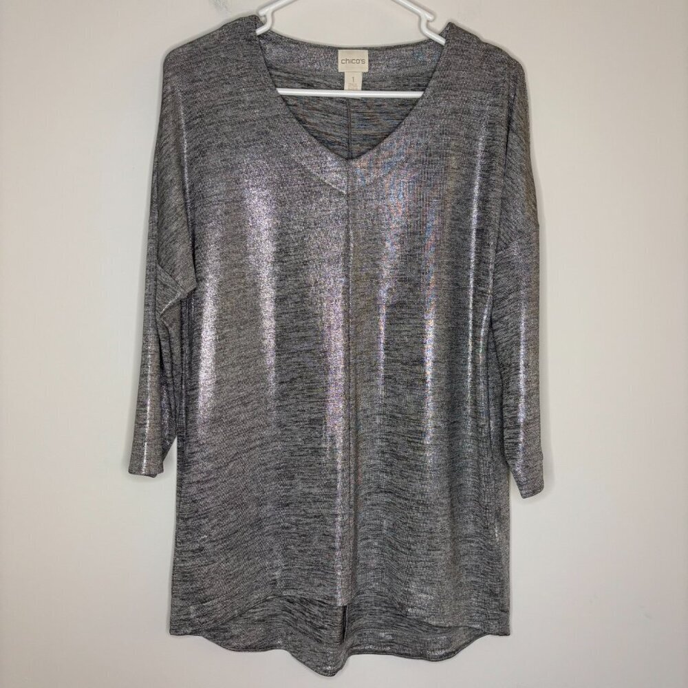 CHICO's Silver Metallic V-Neck Pull On Tunic Womens M Hi Lo 3/4 Slv Stretch